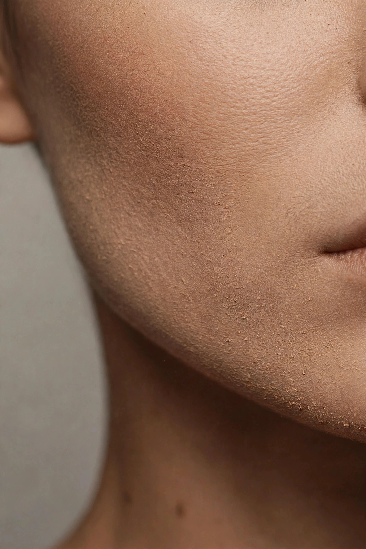 Close-up of cakey foundation with uneven, heavy buildup resting on the skin