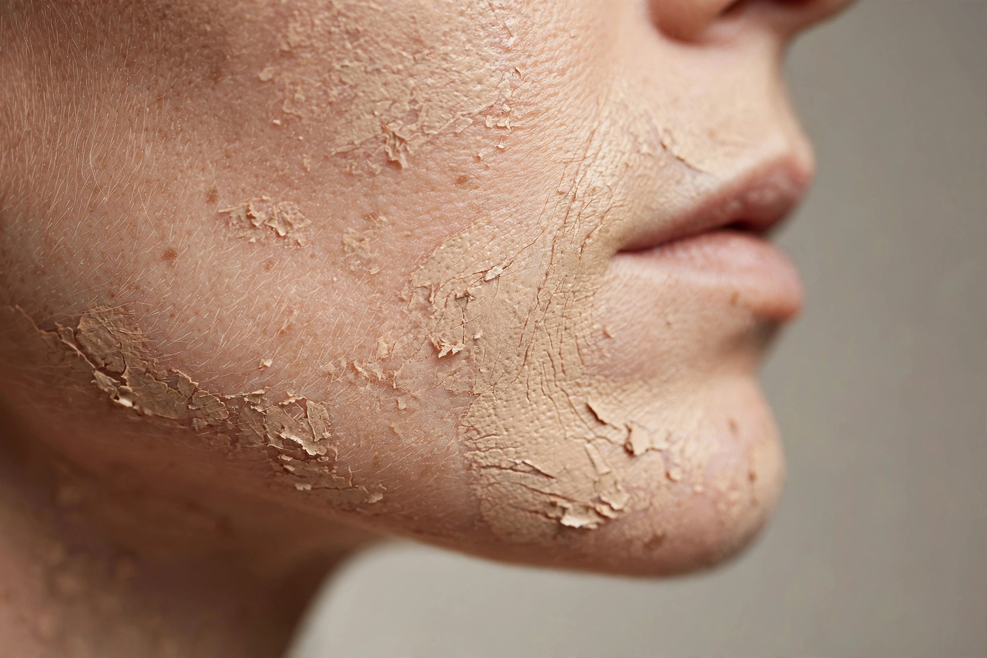 Close-up of cakey foundation showing dry, flaky texture sitting on the skin