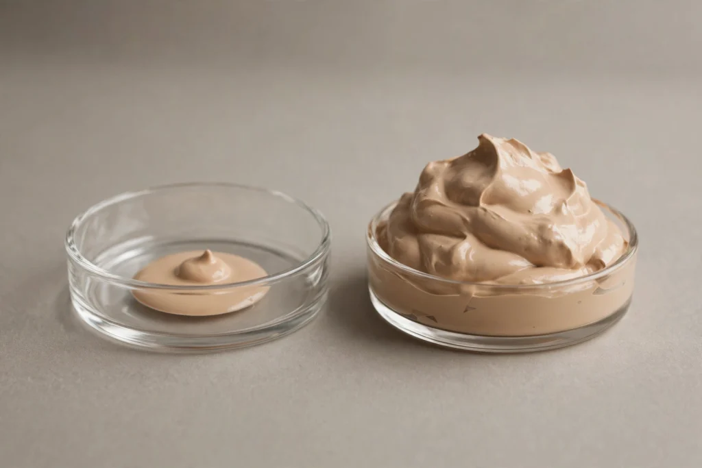 Two dishes of liquid foundation comparing a small pea-sized amount with an excessive amount