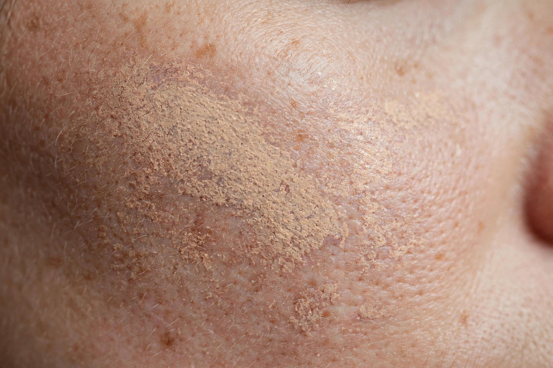 Close-up of liquid foundation catching on dry, flaky patches of skin