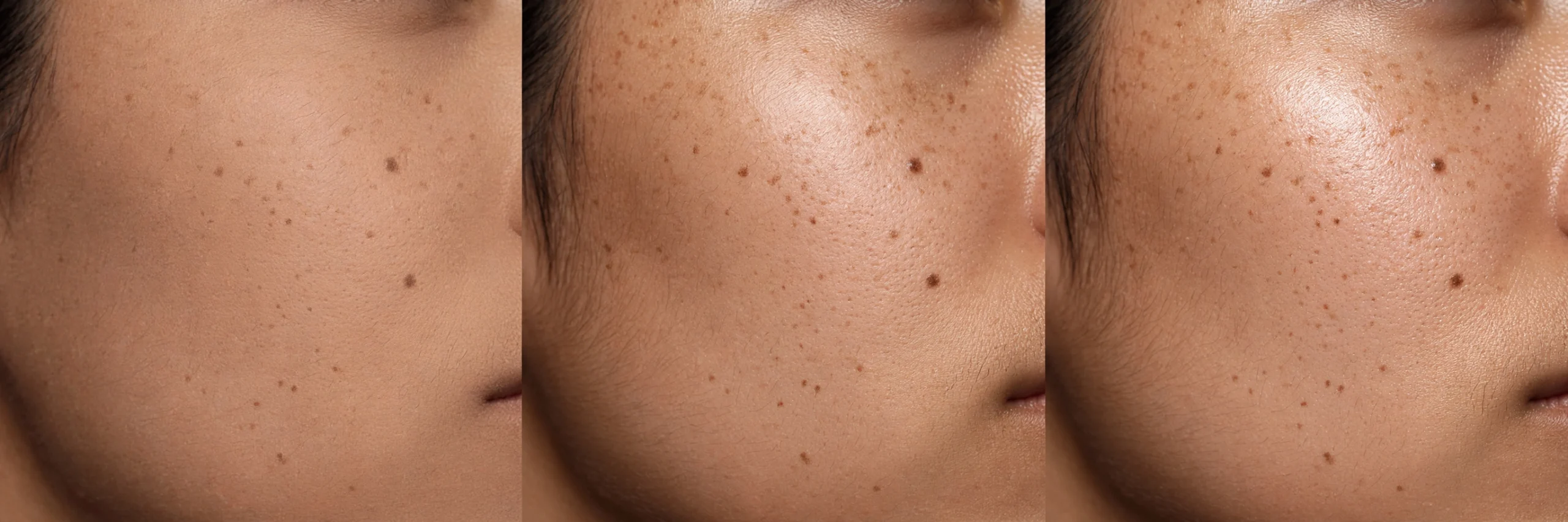 Side-by-side comparison of matte, satin, and dewy foundation finishes on the same skin